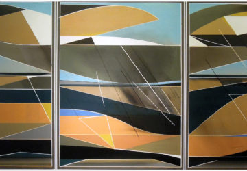 An oil painting made on three panels of wooden board. Contains abstract shapes with orange, brown and blue tones, as well as black and white.