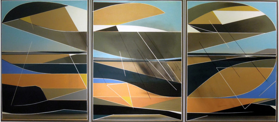 An oil painting made on three panels of wooden board. Contains abstract shapes with orange, brown and blue tones, as well as black and white.