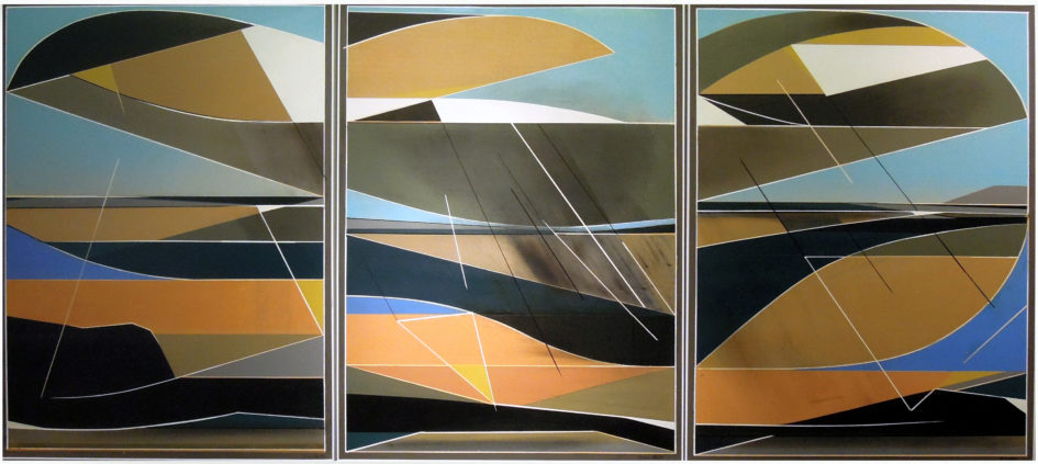 An oil painting made on three panels of wooden board. Contains abstract shapes with orange, brown and blue tones, as well as black and white.