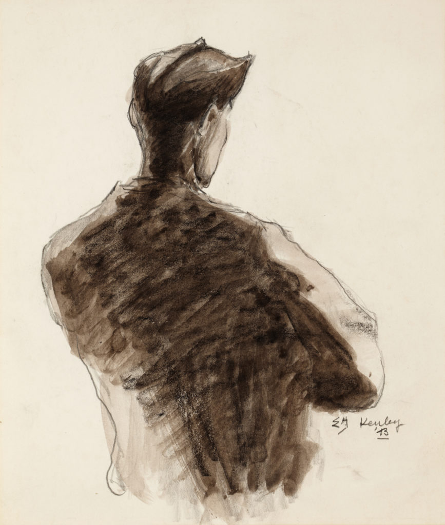 Sketch of a figure facing away from the viewer with broad shoulders.