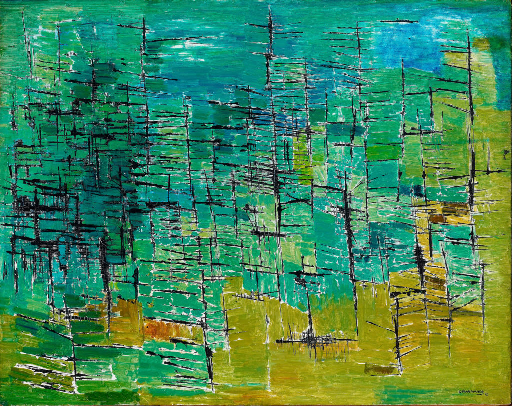 Abstract painting that resembles a forest.