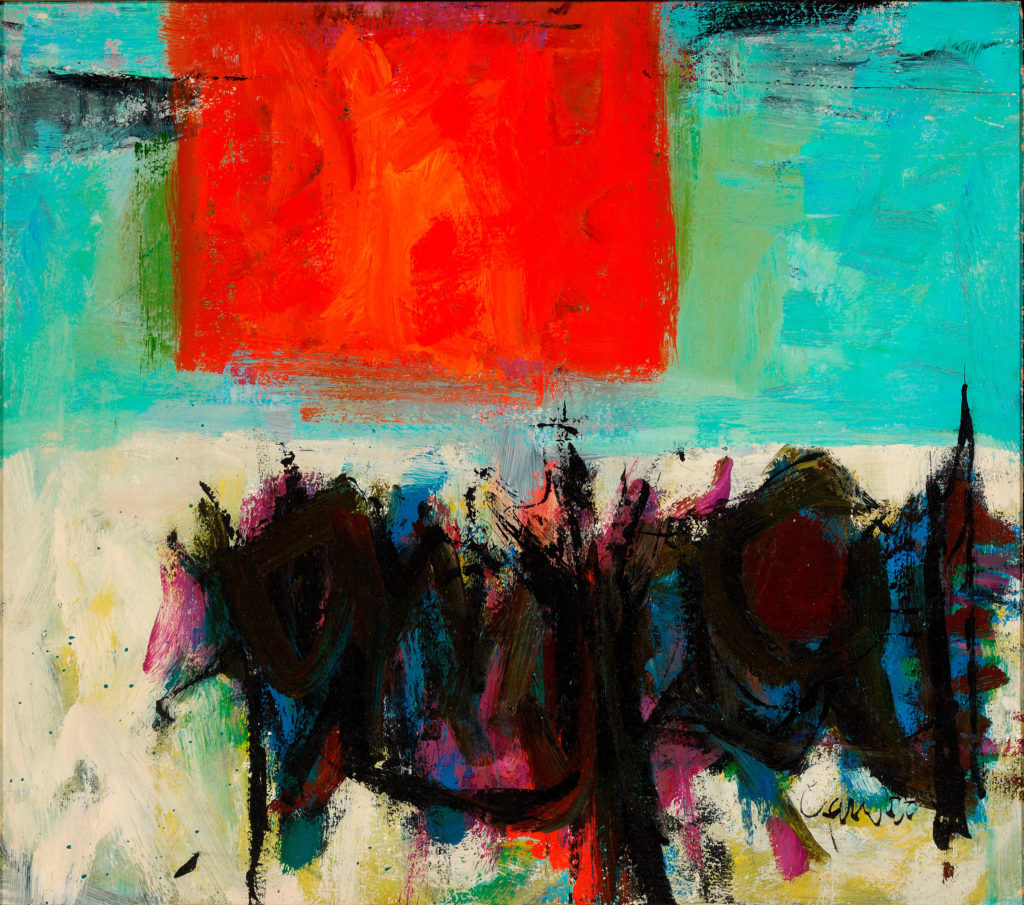 Abstract painting with turquoise, red, black, blue, and purple. 