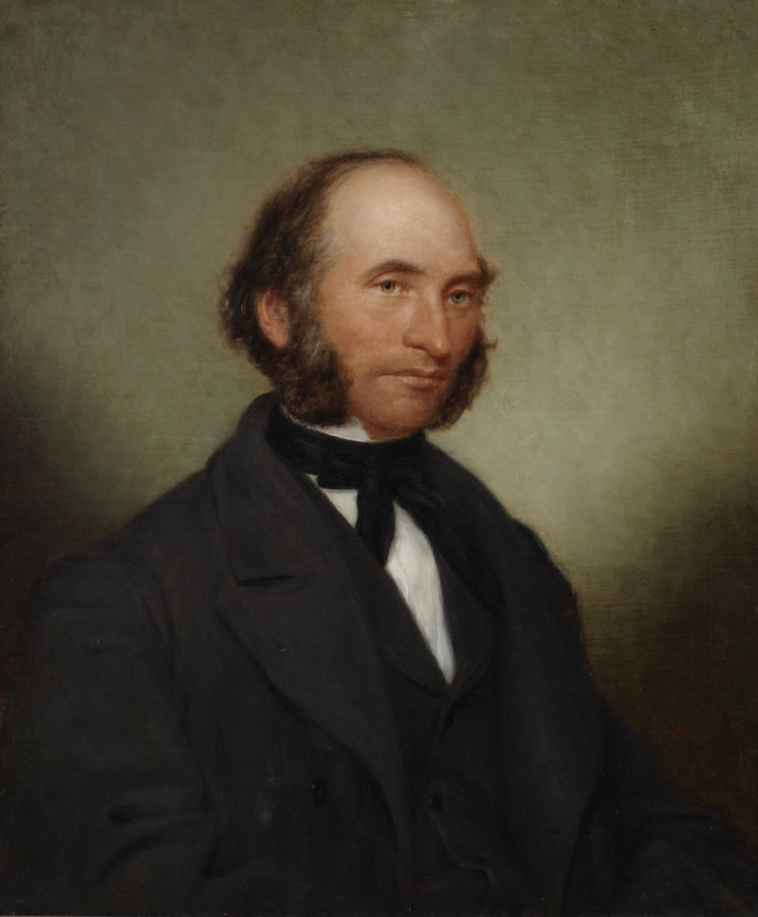 Painting of a man wearing a suit with dark brown hair in front of a brown background.