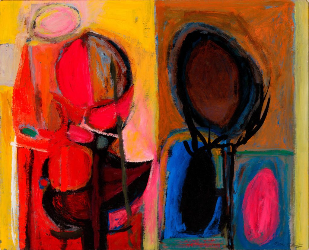 Abstract painting with a yellow and orange background, there are 5 different coloured circles spread out. On the left side of the painting there is an abstract figure of a person. 